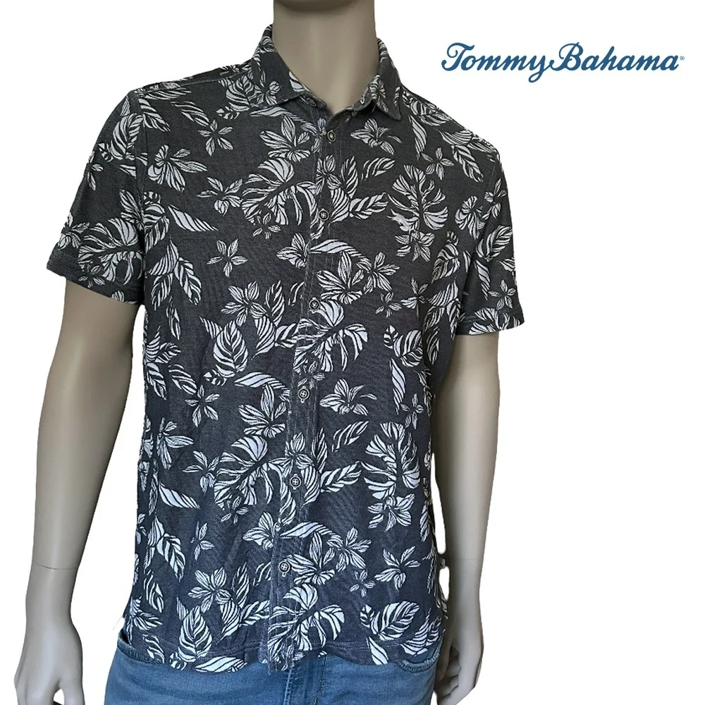 Tommy Bahama Hawaiian Tiki Shirt Monochrome Tropical Leaf Pattern Print - Picture 11 of 13